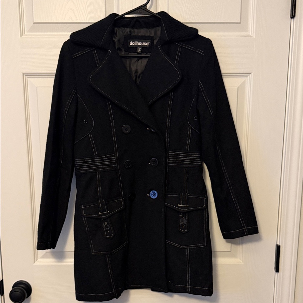 Dollhouse Black Double-Breasted Pea Coat with Contrast Stitching
